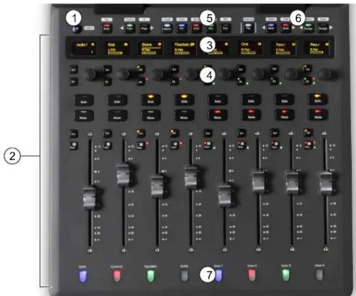 Screenshot of an audio editing instrument with labeled control panels and playback controls