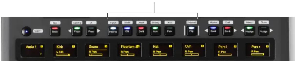 Top Config X Input Instr Heat Group Mix Channel Home End Mixer Close SHIFT Back Page Inserts EQ DYN Aux Pan Flip Bank Bank Nudge Nudge Audio 1 Kick Snare Floortom & Hat Ovh Pero l R Pan Pero r R Pan