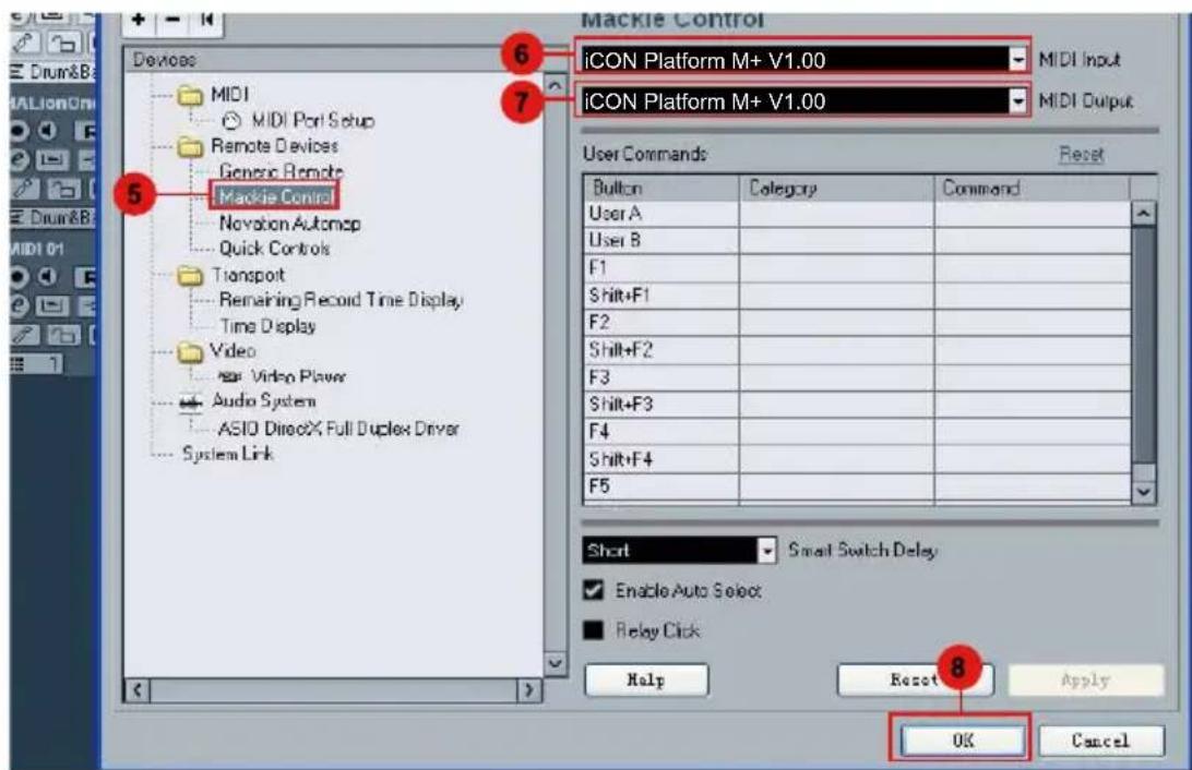 Mackle Control 6 iCON Platform M+ V1.00 7 iCON Platform M+ V1.00 MIDI Input MIDI Output Device MIDI MIDI Port Setup Remote Devices Generic Remote Mackle Control Novation Automoc Quick Controls Transport Remaining Record Time Display Time Display Video Video Player Audio System ASIO DirectX Full Dupl…