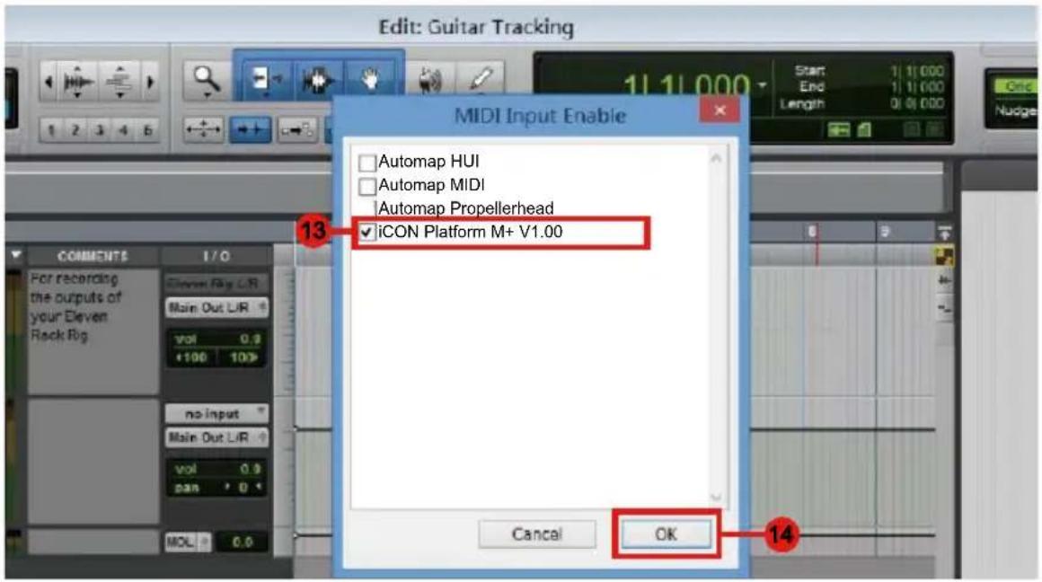 Edit: Guitar Tracking 11.11.000 Start 11.11.000 End 11.11.000 Length 01.01.000 MIDI Input Enable Automap HUI Automap MIDI Automap Propellerhead iCON Platform M+ V1.00 Cancel OK 13 14