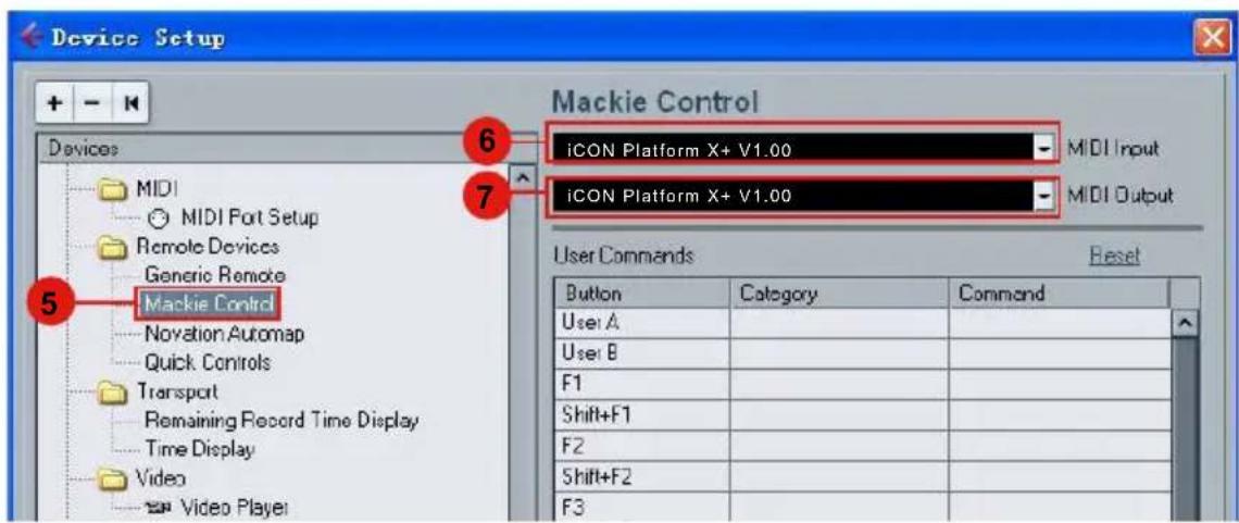 Device Setup + - - Mackie Control MCKIE Platform X+ V1.00 MIDI Input MCKIE Platform X+ V1.00 MIDI Output Device MIDI MIDI Port Setup Remote Devices Generic Remote Mackie Control Novation Automap Quick Controls Transport Remaining Record Time Display Time Display Video Video Player User Commands Rese…