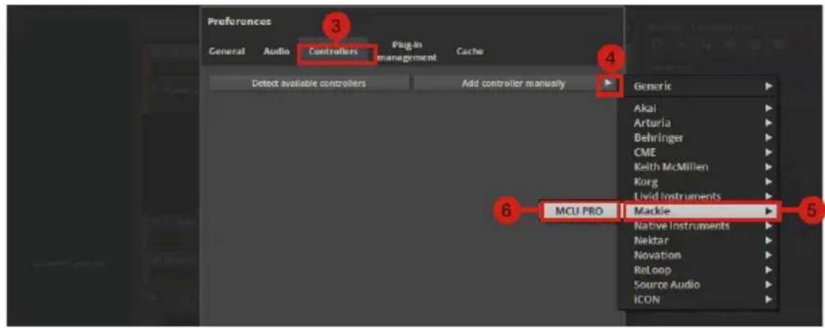 Preferences General Audio Controllers Plug-in management Cache Detect available controllers Add controller manually Generic Akai Arturia Behringer CME Keith McMillen Korg Livid Instruments MCU PRO Mackie Native Instruments Nektar Novation ReLoop Source Audio ICON