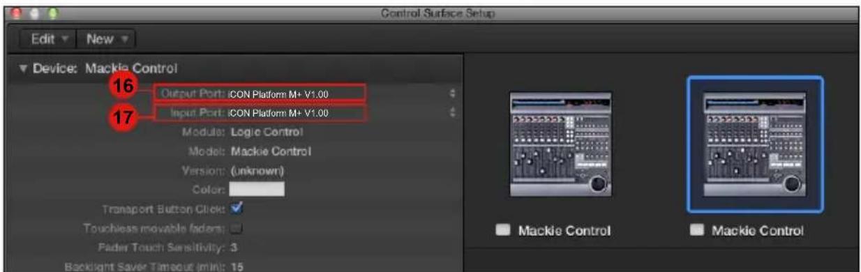 Control Surface Setup Edit New Device: Mackie Control 16 Output Port: ICON Platform M+ V1.00 Input Port: ICON Platform M+ V1.00 Module: Logic Control Model: Mackie Control Version: (unknown) Color: Transport Button Click: Touchless movable faders: Fader Touch Sensitivity: 3 Backlight Save Timeout (m…