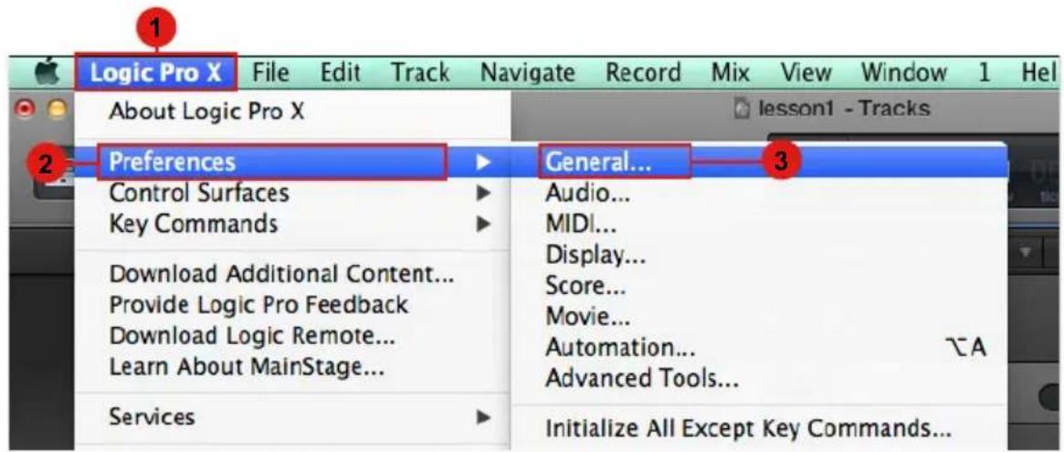 Logic Pro X File Edit Track Navigate Record Mix View Window 1 Hel About Logic Pro X Preferences Control Surfaces Key Commands Download Additional Content... Provide Logic Pro Feedback Download Logic Remote... Learn About MainStage... Services General... Audio... MIDI... Display... Score... Movie...…