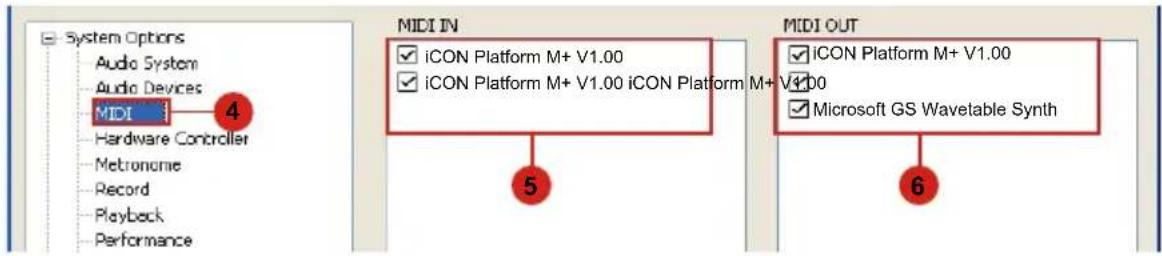 System Options Audio System Audio Devices MIDI Hardware Controller Metronome Record Playback Performance MIDI IN iCON Platform M+ V1.00 iCON Platform M+ V1.00 iCON Platform M+ V1.00 MIDI OUT iCON Platform M+ V1.00 Microsoft GS Wavetable Synth