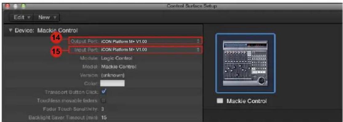 Control Surface Setup Edit New Device: Mackie Control 14 Output Port: ICON Platform M+ V1.00 15 Input Port: ICON Platform M+ V1.00 Module: Logic Control Model: Mackie Control Version: (unknown) Color: Transport Button Click Touchless movable faders Feder Touch Sensitivity: 3 Backlight Saver Timeout…