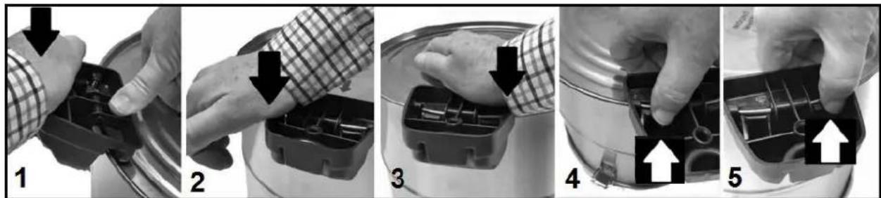 Step-by-step instructions for installing a mechanical component, showing step 1 to step 5 with arrows indicating changes.