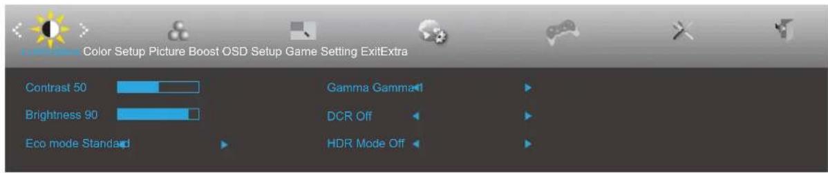 Color Setup Picture Boost OSD Setup Game Setting ExitExtra Contrast 50 Gamma Gamma Brightness 90 DCR Off Eco mode Standard HDR Mode Off