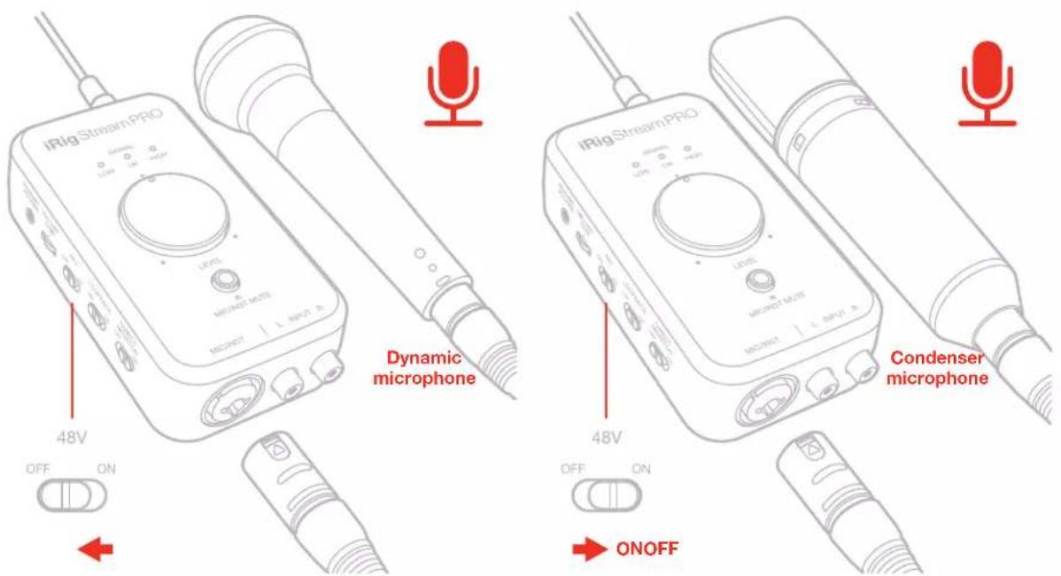 iRig Stream PRO 48V Dynamic microphone iRig StreamPRO 48V ONOFF ONOFF OFF ON OFF ON