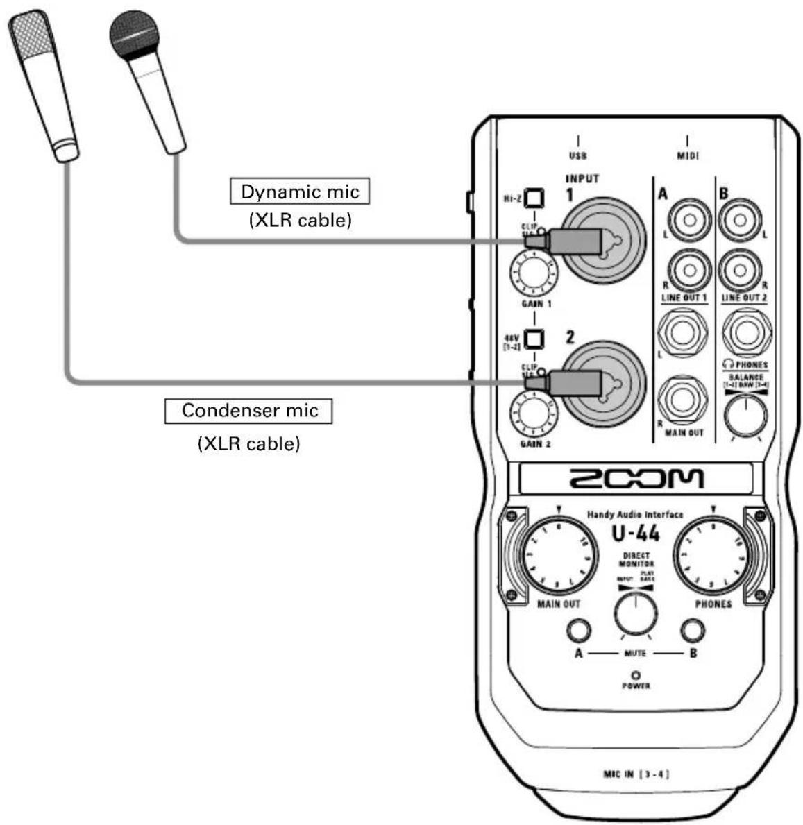 Dynamic mic (XLR cable) Condenser mic (XLR cable) 200M Handy Audio Interface U-44 DIRECT MONITOR INPUT PLAT BASE MAIN OUT PHONES A — MUTE — B POWER MIC IN [3 - 4]