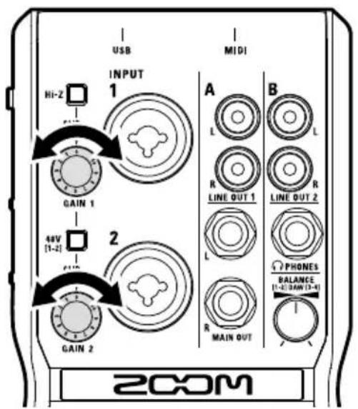 USB MIDI INPUT 1 HI-2 GAIN 1 48V [1-2] GAIN 2 A L R LINE OUT 1 L R LINE OUT 2 R L R PHONES BALANCE [1-2] 3AM [1-4] MAIN OUT 2COM