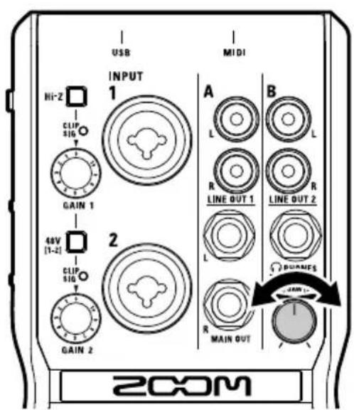 USB MIDI INPUT 1 HI-2 CLIP SIG GAIN 1 48V [1-2] CLIP SIG GAIN 2 A L R LINE OUT 1 L R LINE OUT 2 B L R MAIN OUT RUNNIFS JAN 1- 2COM