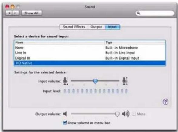 Sound Show All Sound Effects Output.Input Select a device for sound input: Name Way None Built-in Microphone Line In Built-in Line Input Digital In Built-in Digital Input HD Native Settings for the selected device: Input volume: 100 Input level: 100 Output volume: 0 Mute Show volume in meru bar
