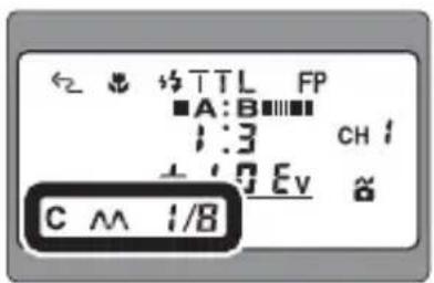 ← ⚫ TTL FP ■A:B ■■■■ 1:3 CH / + 1.0 Ev ≈ C ∧ 1/8