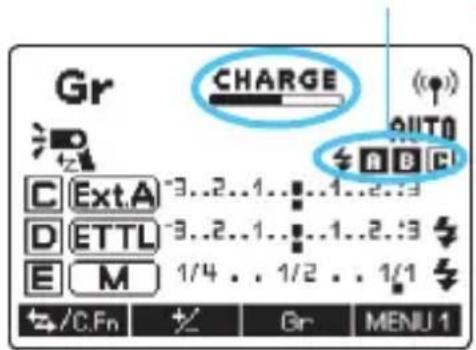 Gr CHARGE (φ) AUTO C Ext.A -3..2..1..1..2..3 D ETTL -3..2..1..1..2..3 E M 1/4 .. 1/2 .. 1/1 +/C.Fn % Gr MENU 1
