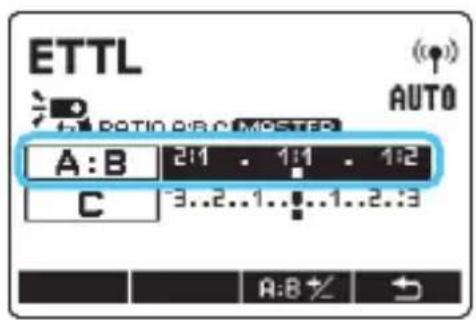 ETTL AUTO A:B 2:1 1:1 1:2 C 3..2..1..1..2..3 A:B %