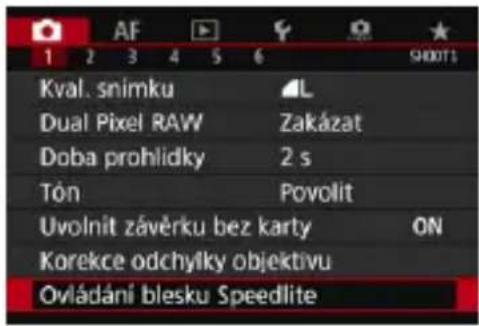 Kval. snímku Dual Pixel RAW Doba prohlidky Tón Uvolnit závěrku bez karty Korekce odchyíky objektivu Ovládání blesku Speedlite