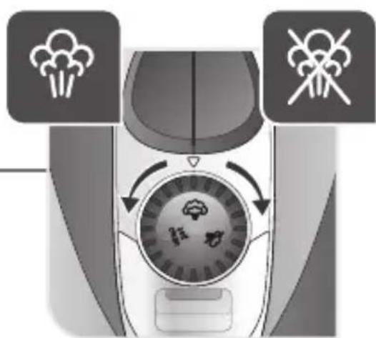 Diagram illustrating car exhaust air pollution with smoke and exhaust symbols, showing airflow direction and mode dial