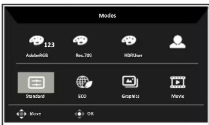 Modes 123 AdobeRGB Rec. 700 HDRUser Standard ECO Graphics Movie Move OK