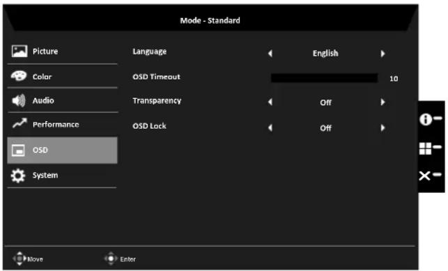 Mode - Standard Picture Color Audio Performance OSD System Language OSD Timeout Transparency OSD Lock English 10 Off Off Move Enter