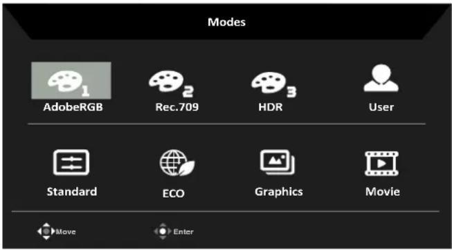 Modes AdobeRGB Rec.709 HDR User Standard ECO Graphics Movie Move Enter