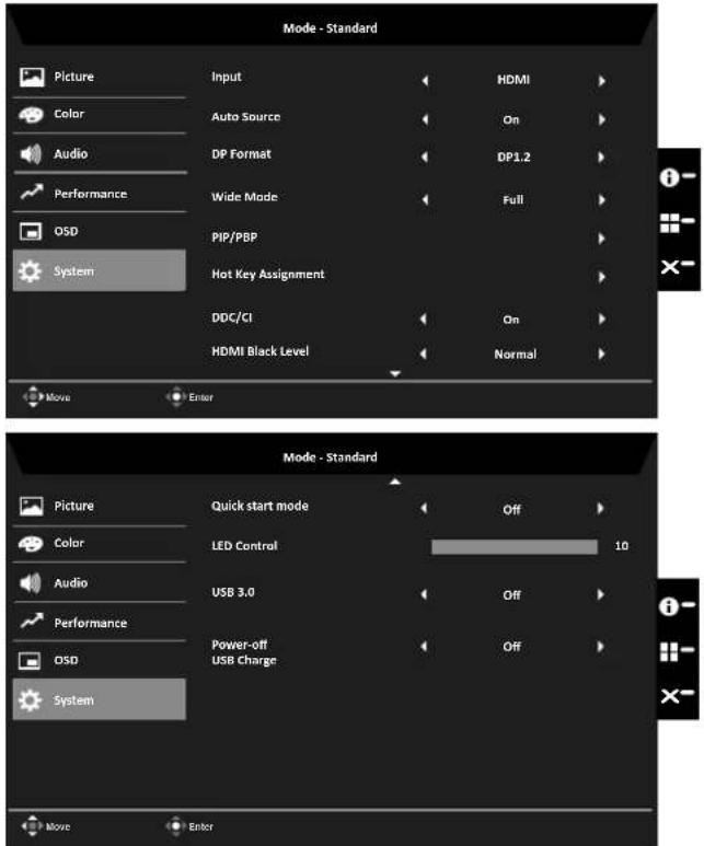 Mode - Standard Picture Input HDMI Color Auto Source On Audio DP Format DP1.2 Performance Wide Mode Full OSD PIP/PBP System Hot Key Assignment DDC/CI On HDMI Black Level Normal Move Enter Mode - Standard Picture Quick start mode Off Color LED Control 10 Audio USB 3.0 Off Performance Power-off Off OSD USB Charge System Move Enter