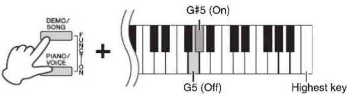 DEMO/ SONG PIANO/ VOICE FUNCTION + G#5 (On) G5 (Off) Highest key