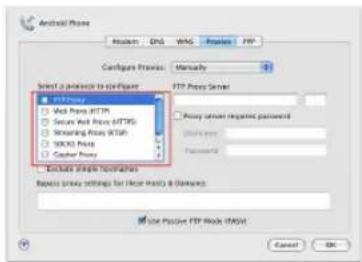 Android FSP Chain Host: DNS WAG Features FTP Configure Prefix: Masters Select a protocol to access FSP Proxy Server FTP Proxy Visit Proxy (HTTPS) Secure Web Proxy (HTTPS) Smearing Proxy (HTTPS) MACPU Proxy Cipher Proxy Choose share destinations Replace proxy settings for More Fiji & Dams Use Passive FTP Link (FSP) Cancel OK
