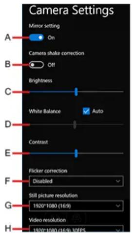 Camera Settings Mirror setting A On Camera shake correction B Off Brightness C White Balance Auto D Contrast E Flicker correction F Disabled Still picture resolution G 1920*1080 (16:9) Video resolution H 1920*1080 (16:9) 10FPS