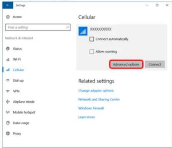 Settings Home Find a setting Network & Internet Status Wi-Fi Cellular Dial-up VPN Airplane mode Mobile hotspot Data usage Proxy Cellular X000000000x Connect automatically Allow roaming Advanced options Connect Related settings Change adapter options Network and Sharing Center Windows Firewall Learn more