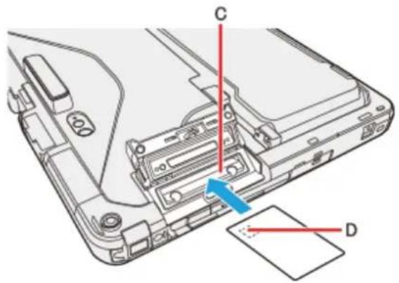 Technical diagram of a laptop rear panel with labeled components C and D, showing internal structure and directional arrow.