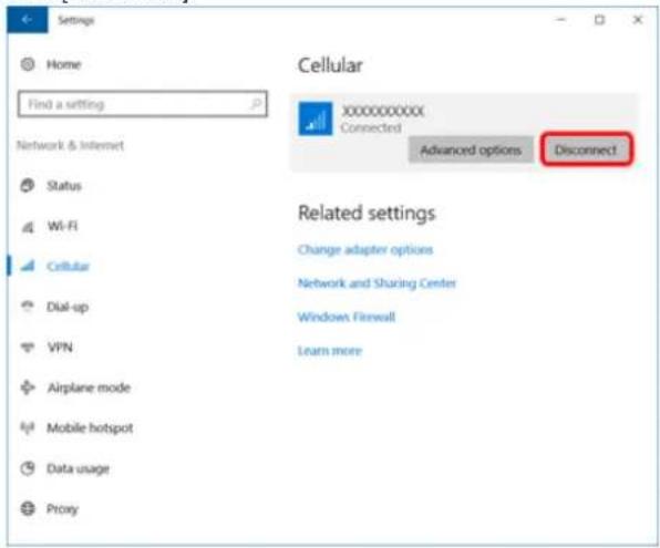 Settings Home Find a setting Network & Internet Status Wi-Fi Cellular Dial-up VPN Airplane mode Mobile hotspot Data usage Proxy Cellular xxxxxxxxx Connected Advanced options Disconnect Related settings Change adapter options Network and Sharing Center Windows Firewall Learn more