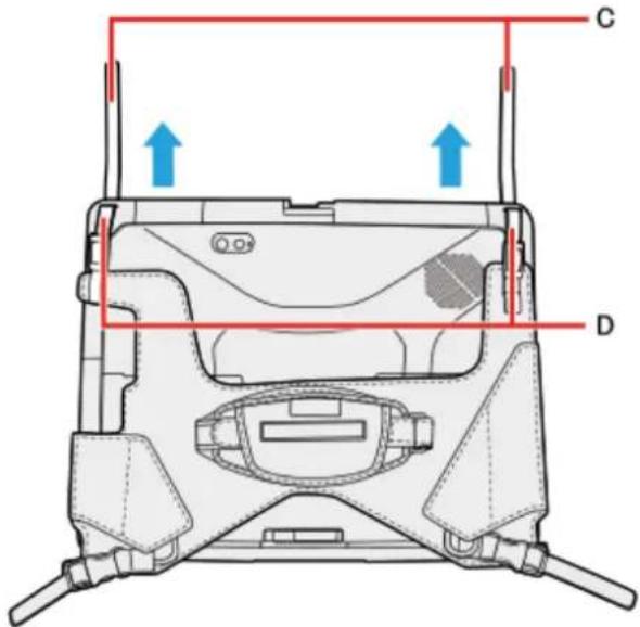 Technical diagram of a device rear view with labeled components and directional arrows indicating movement or force.