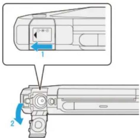 Diagram showing a device's internal structure with labeled parts and directional arrows indicating movement or assembly.
