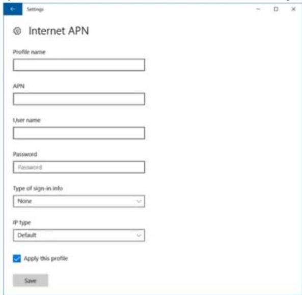Settings Internet APN Profile name APN User name Password Password Type of sign-in info None IP type Default Apply this profile Save