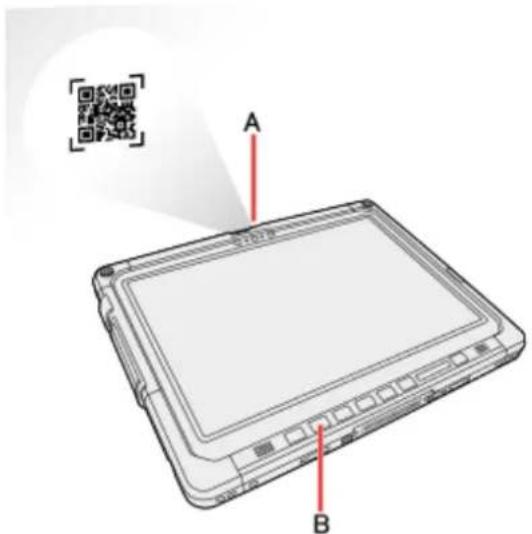 Technical diagram of a tablet device with labeled points A and B, including a QR code icon in the top-left corner.