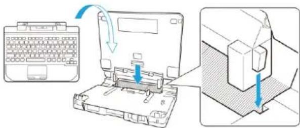 Diagram illustrating a laptop keyboard and its internal component being inserted into a drive, with arrows indicating the process.