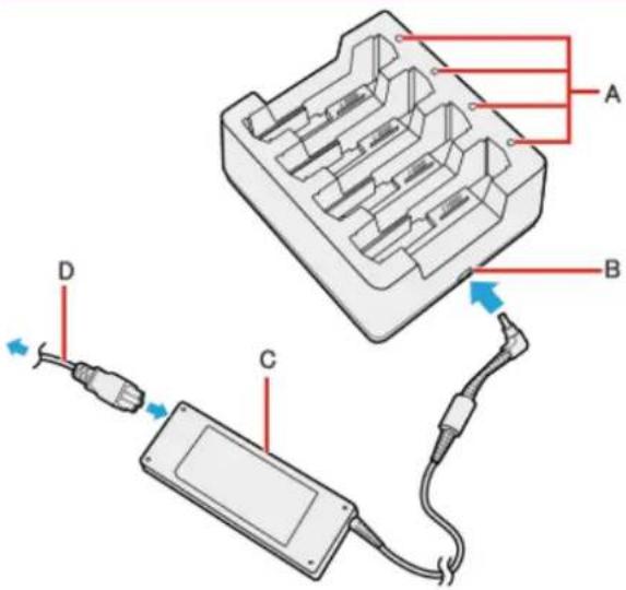Diagram of a battery pack connected to an electronic device with labeled components A, B, C, and D