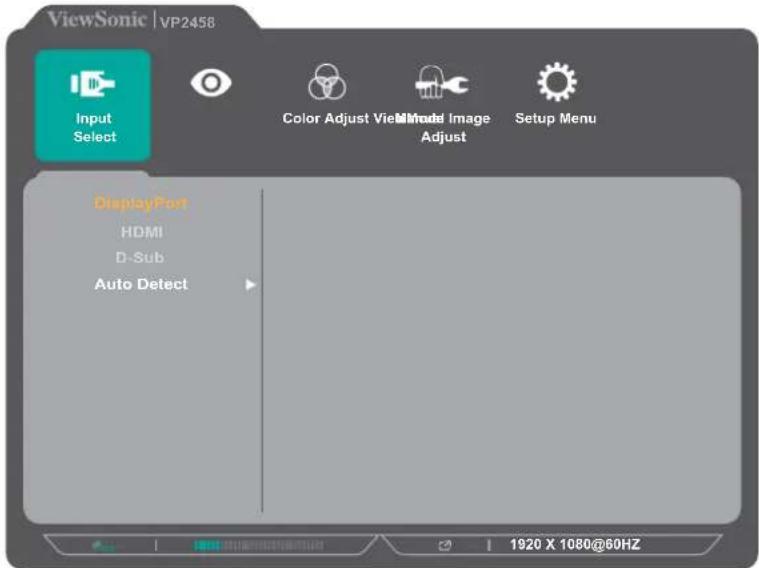 ViewSonic | VP2458 Input Select Color Adjust View Model Image Adjust Setup Menu DisplayPort HDMI D-Sub Auto Detect 1920 X 1080@60HZ