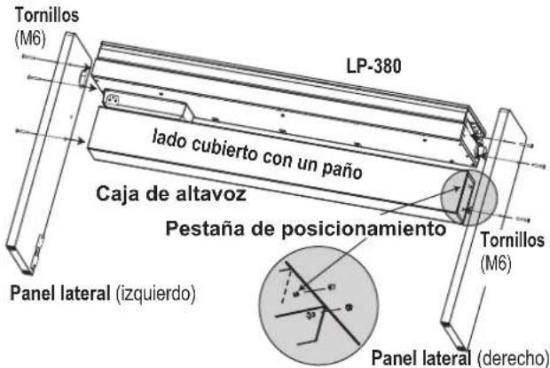 Tornillos (M6) LP-380 lado cubierto con un paño Caja de altavoz Pestaña de posicionamiento Panel lateral (izquierdo) Tornillos (M6) Panel lateral (derecho)