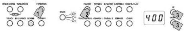 HAND SONG TRANSPOSE FUNCTION 1 TOUCH BAILLIANCE SEVER CHINEUS 2 HANDS HANDS EARTHUT EARTHUT NURFS/CLAY 3 WALVE FORUM ORGAN 1 ORGAN 2 STENKS CHINE 400 UP 3 DOWN 3