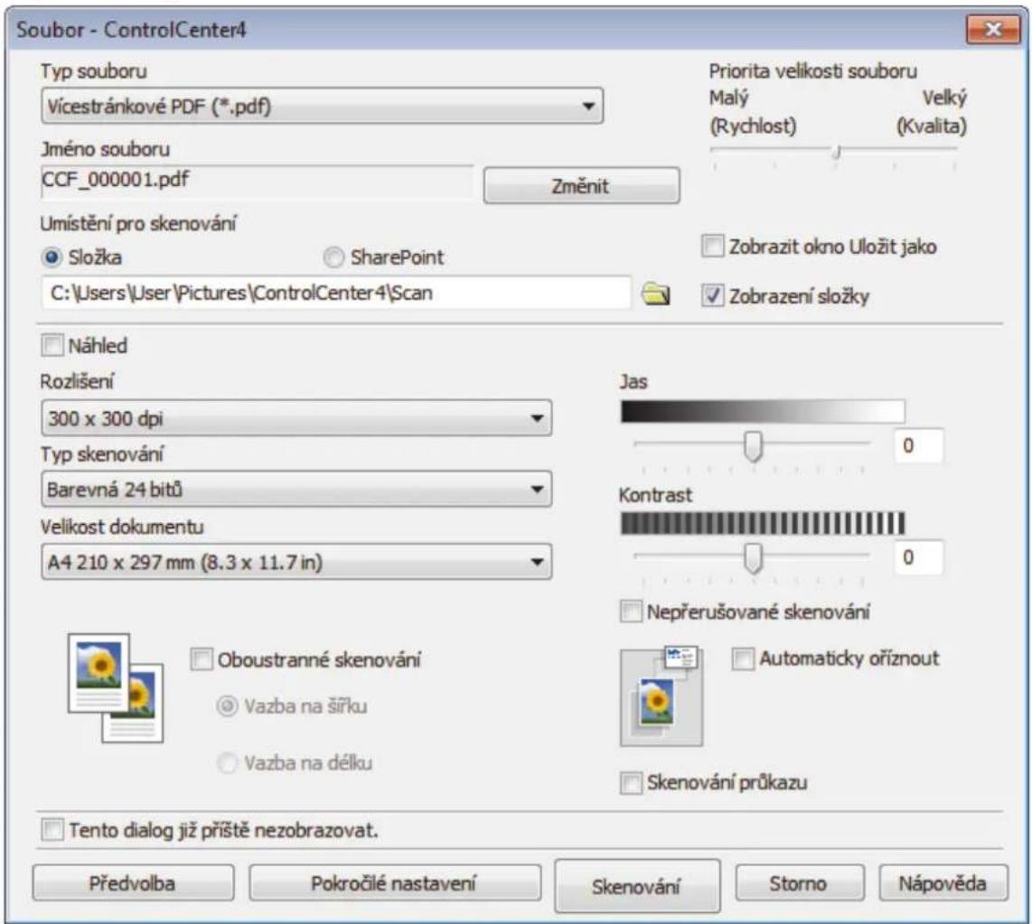 Soubor - ControlCenter4 Typ souboru Vícestránkové PDF (*.pdf) Jméno souboru CCF_000001.pdf Změnit Umištění pro skenování Složka SharePoint C:\Users\User\Pictures\ControlCenter4\Scan Priorita velikosti souboru Malý Velký (Rychlost) (Kvalita) Zobrazit okno Uložit jako Zobrazení složky Náhled Rozlišení 300 x 300 dpi Typ skenování Barevná 24 bitů Velikost dokumentu A4 210 x 297 mm (8.3 x 11.7 in) Jas Kontrast Nepřerušované skenování Automaticky oříznout Skenování průkazu Oboustranné skenování Vazba na šířku Vazba na délku Tento dialog již příště nezobrazovat. Předvolba Pokročilé nastavení Skenování Storno Nápověda