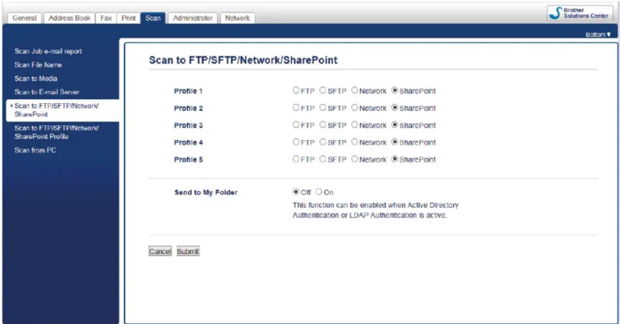 Scan Job e-mail report Scan File Name Scan to Media Scan to E-mail Server Scan to FTP/SFTP/Network/ SharePoint Scan to FTP/SFTP/Network/ SharePoint Profile Scan from PC Scan to FTP/SFTP/Network/SharePoint Profile 1 ○ FTP ○ SFTP ○ Network ● SharePoint Profile 2 ○ FTP ○ SFTP ○ Network ● SharePoint Profile 3 ○ FTP ○ SFTP ○ Network ● SharePoint Profile 4 ○ FTP ○ SFTP ○ Network ● SharePoint Profile 5 ○ FTP ○ SFTP ○ Network ● SharePoint Send to My Folder ● Off ○ On This function can be enabled when Active Directory Authentication or LDAP Authentication is active. Cancel Submit