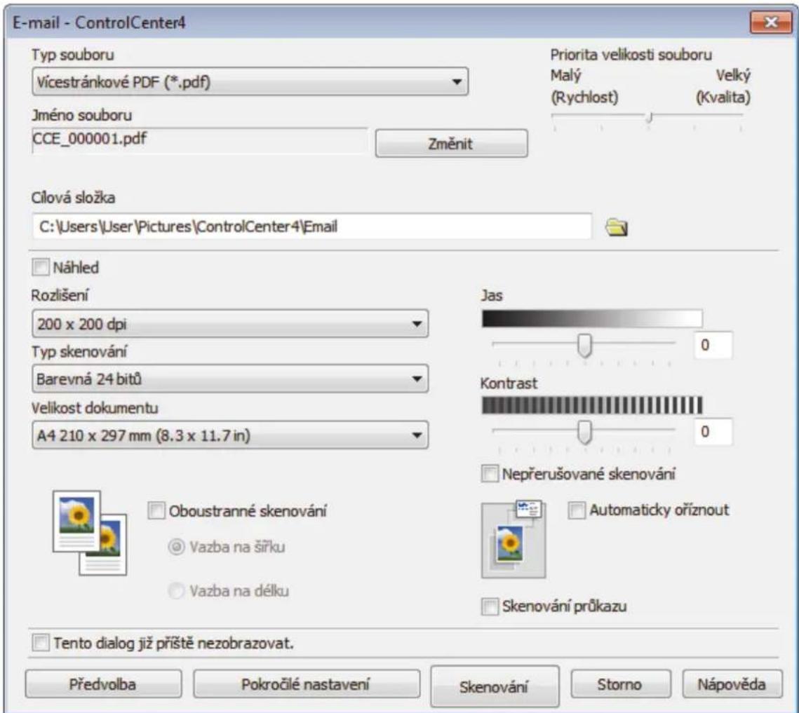 E-mail - ControlCenter4 Typ souboru Vícestránkové PDF (*.pdf) Jméno souboru CCE_000001.pdf Změnit Priorita velikosti souboru Malý (Rychlost) Velký (Kvalita) Cílová složka C:\Users\User\Pictures\ControlCenter4 Electron Náhled Rozlišení 200 x 200 dpi Typ skenování Barevná 24 bitů Velikost dokumentu A4 210 x 297 mm (8.3 x 11.7 in) Jas Kontrast Nepřerušované skenování Automaticky oříznout Skenování průkazu Oboustranné skenování Vazba na šířku Vazba na délku Tento dialog již příště nezobrazovat. Předvolba Pokročilé nastavení Skenování Storno Nápověda