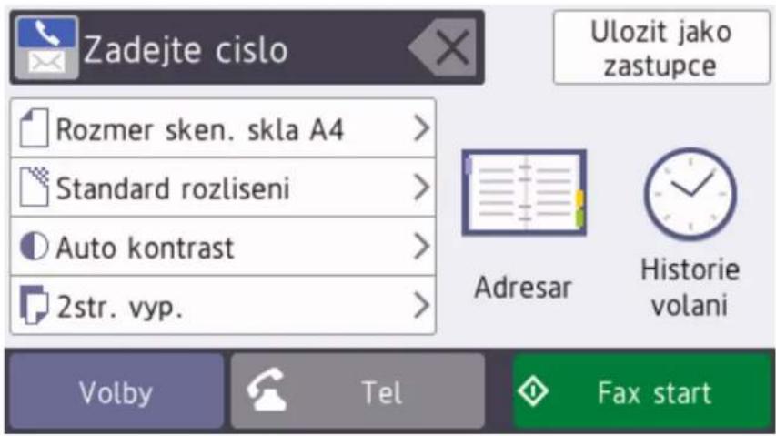Zadejte cislo Ulozit jako zastupce Rozmer sken. skla A4 > Standard rozliseni > Auto kontrast > 2str. vyp. Adresar Historie volani Volby Tel Fax start