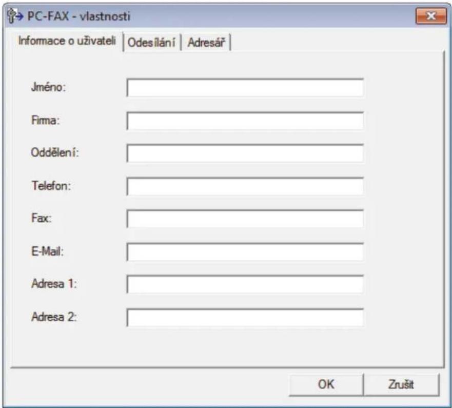 PC-FAX - vlastnosti Informace o uživateli | Odesilání | Adresář | Jméno: Firma: Oddělení: Telefon: Fax: E-Mail: Adresa 1: Adresa 2: OK Zrušit
