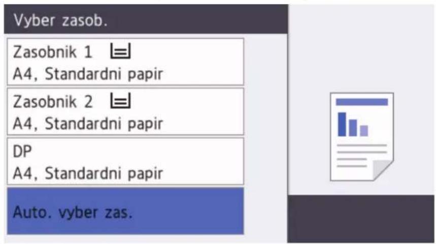 Vyber zasob. Zasobnik 1 A4, Standardni papir Zasobnik 2 A4, Standardni papir DP A4, Standardni papir Auto. vyber zas.