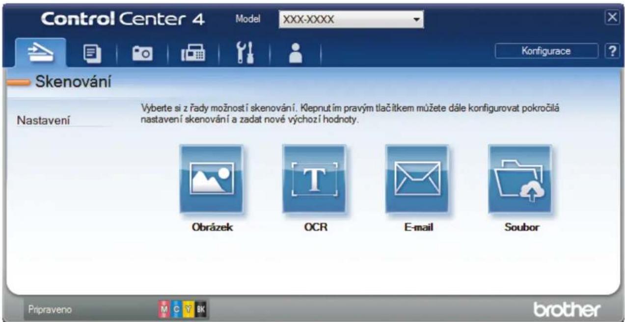 Control Center 4 Model XXX-XXXX Konfigurace Skenování Nastavení Výberte si z řady možností skenování. Klepnutím pravým tlačitkem můžete dále konfigurovat pokročilá nastavení skenování a zadat nové výchozí hodnoty. Obrázek OCR E-mail Soubor Pripraveno brother