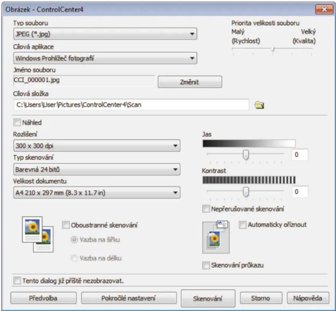 Obrázek - ControlCenter4 Typ souboru JPEG (*.jpg) Cilová aplikace Windows Prohlížeč fotografí Jméno souboru CCI_000001.jpg Změnit Cilová složka C:\Users\User\Pictures\ControlCenter4\Scan Priorita velikosti souboru Malý (Rychlost) Velký (Kvalita) Náhled Rozlišení 300 x 300 dpi Typ skenování Barevná 24 bitů Velikost dokumentu A4 210 x 297 mm (8.3 x 11.7 in) Jas 0 Kontrast 0 Nepřerušované skenování Automaticky oříznout Vazba na šířku Vazba na délku Skenování průkazu Tento dialog již příště nezobrazovat. Předvolba Pokročilé nastavení Skenování Storno Nápověda
