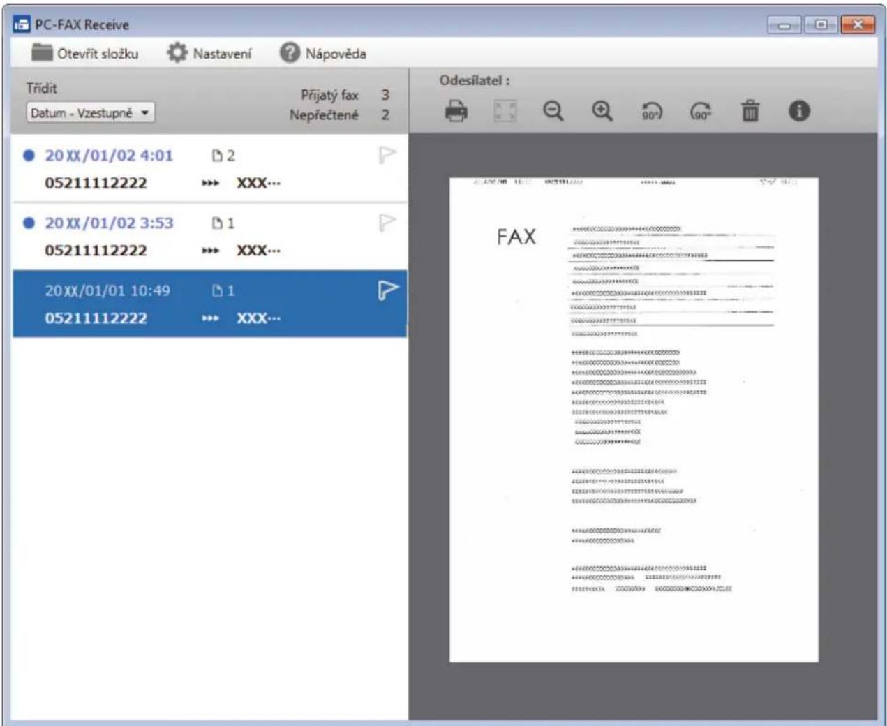 PC-FAX Receive Otevřit složku Nastavení Nápověda Třidit Přijatý fax 3 Datum - Vzestupné Nepřečtené 2 20 XX/01/02 4:01 05211112222 20 XX/01/02 3:53 05211112222 20 XX/01/01 10:49 05211112222 D 2 XXX... D 1 XXX... D 1 XXX... Odesílatel : FAX